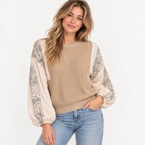 Homebody Women’s Medium Boho Knit Sweater Paisley Balloon Sleeve Cotton Blend